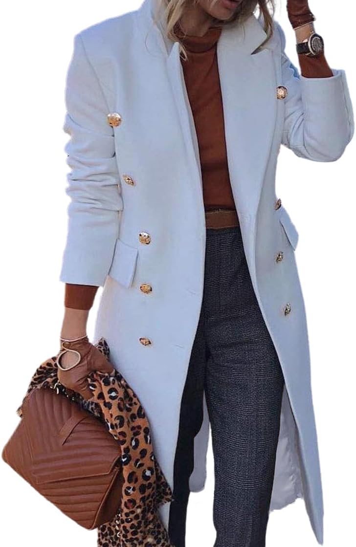 Kinghua Wool Coats for Women Fall Winter Double Breasted Blazer Jackets Dress Pea Coat Long Trench Coat Peacoat