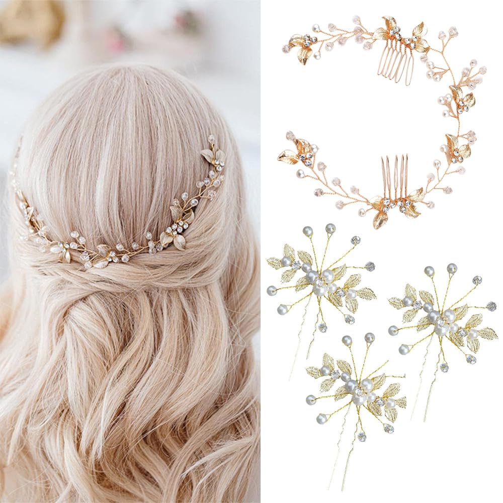 4 Piezas Peine para el Cabello Nupcial Horquillas Pelo Boda de Diamantes de Imitación y Perlas Hojas Tiara Nupcial Accesorios para Novias y Damas de Honor (Dorado)