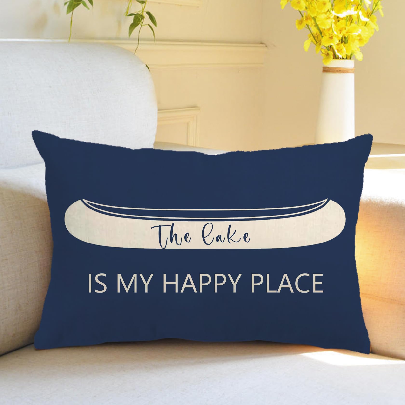 7COLORROOM Beach Theme Lumbar Pillow Covers Double-Sided Printed The Lake is My Happy Place Navy Blue Rive Rectangular/Waist Cushion Cover Summer Farmhouse Home Decor Pillowcases 12”×20”(Blue) 1