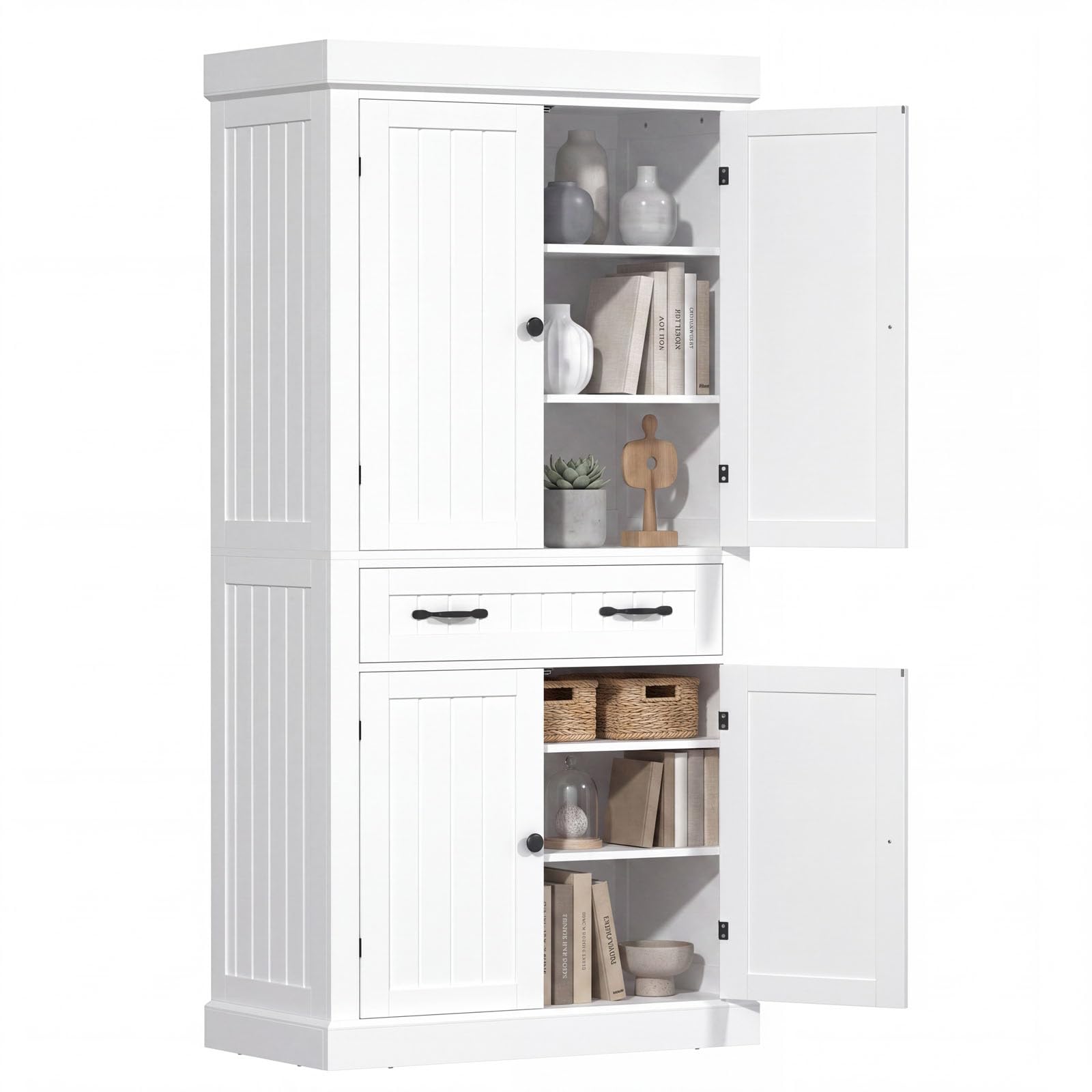 Nordivale 183cm Tall Kitchen Cabinet with 4 Doors & Drawer, Pantry Cupboard 2 Adjustable Shelves, White Storage Cupboard, Anti-tip, Central Storage Drawe,for Kitchen, Dining, Living Room & Bathroom