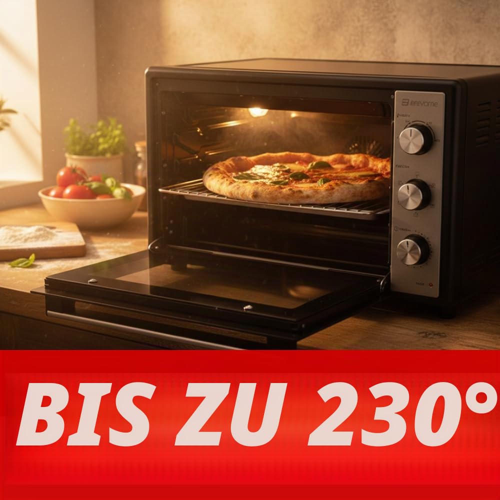 BEHOME Elektrischer Ofen mit Umluft für den Außenbereich, 70 Liter, großer Ofen für den Außenbereich mit Drehspieß, Temperatur 230 °, Timer 60 Zoll, Grillrost, Backblech, Backblech und Zubehör für