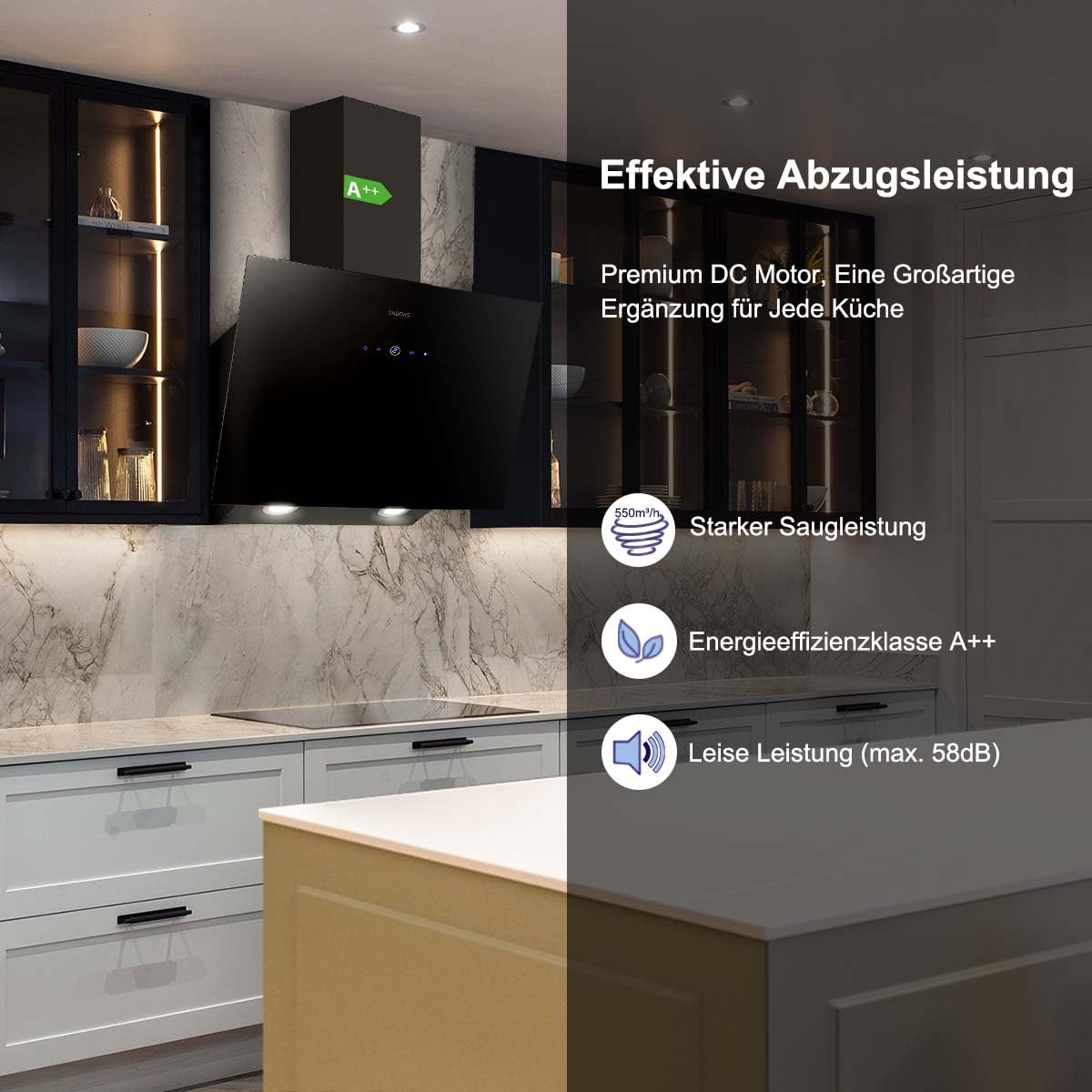 SNDOAS Dunstabzugshaube 60cm 550 m³/h Abluft/Umluft Aktivkohlefilter Energieeffizienz A++ Schwarz