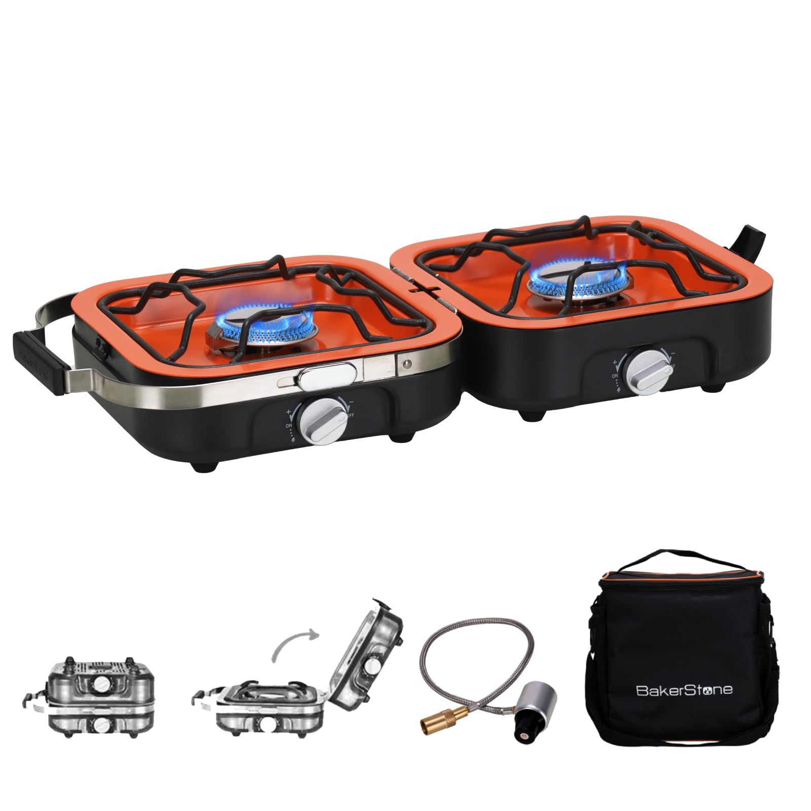 BakerStonePortable Camping Stove with Adjustable Burners, Collapsible Outdoor Stove with Carry bag, 20,000 Total BTUs of Power (Orange-2 Burner)