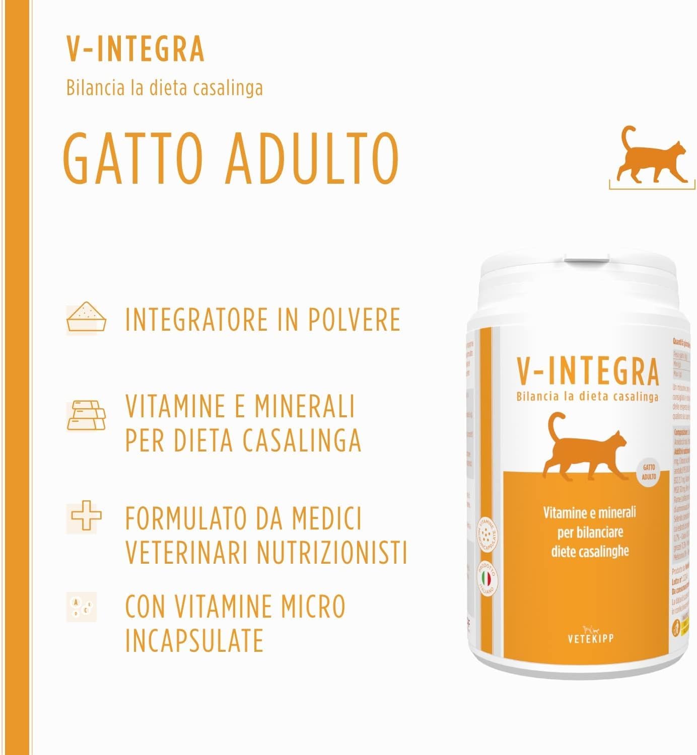 V-INTEGRA Gatto Adulto - Integratore Completo Ricco di Vitamine e Minerali, per la Dieta Casalinga di gatti adulti di tutte le età - 200g - Made in Italy