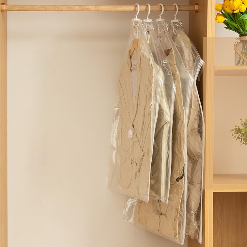 Sacchetti sottovuoto da appendere con pompa elettrica, confezione da 4 sacchetti di compressione salvaspazio per vestiti, abiti, giacche, abbigliamento invernale da viaggio, trasparenti