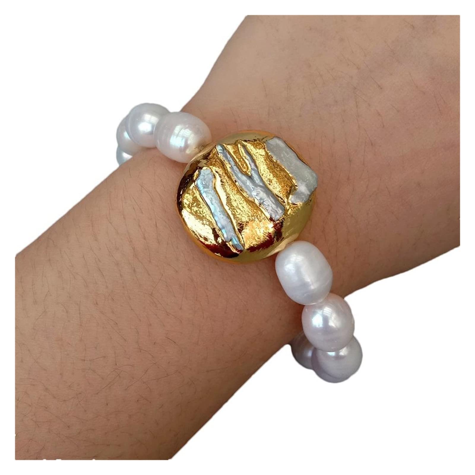 LAnGSHAW 9 x 11 mm natürliches weißes Reis-Süßwasser-Zuchtperlen-Biwa-Perlen-elastisches Armband