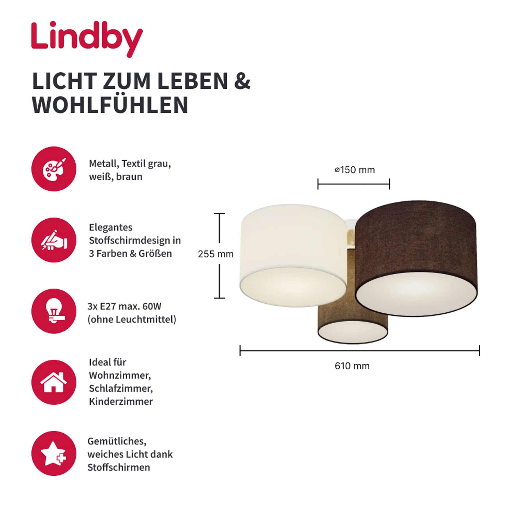 Lindby Stoff Deckenlampe grau, weiß braun 3 Schirme Ø 32 28 20 cm 3x E27 max. 60W ohne Leuchtmittel Textil Deckenleuchte Wohnzimmerlampe Flur