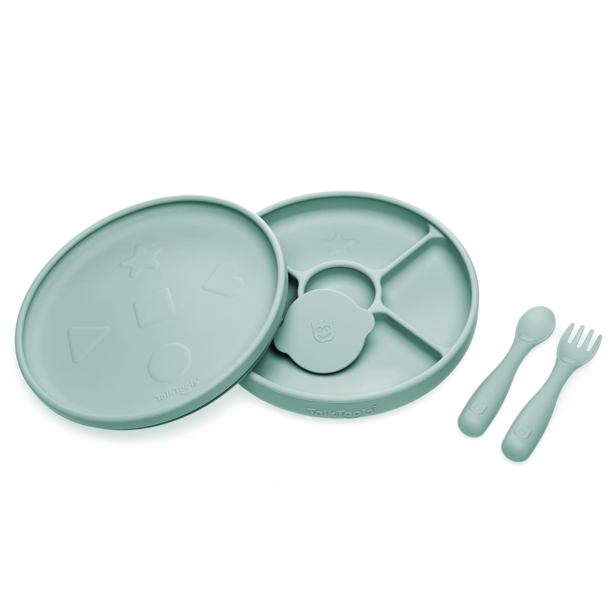 Talktools Bitsy Feeding Kid's Essentials Plate Set – Toddler Utensils, Spoon and Fork, Plate Lid, Perfect for Mealtime – Strong Suction Toddler Plates with 4 Compartments (Set-Sage)