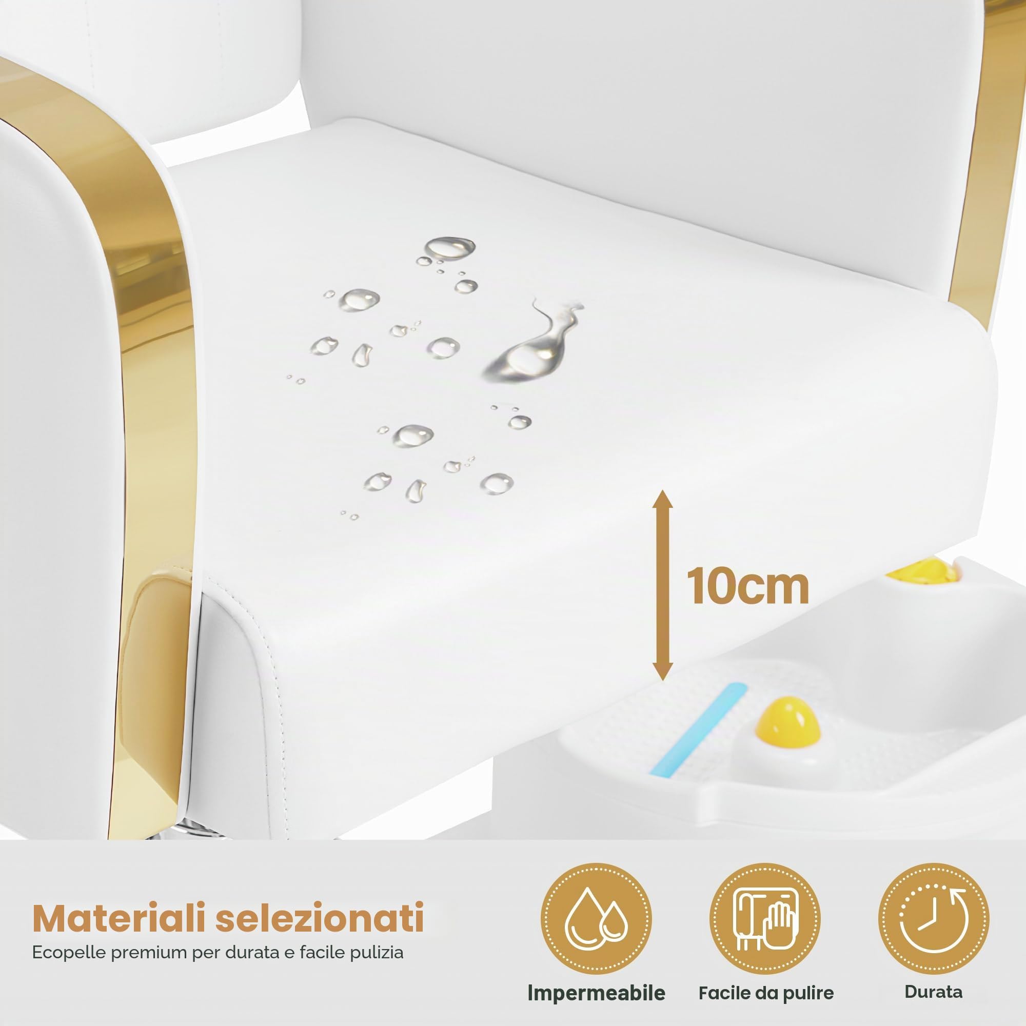 Barberpub Sedia da pedicure con vasca e sgabello, sedia da parrucchiere regolabile e inclinabile, per salone unghie retro F0371 (Oro-Bianco)