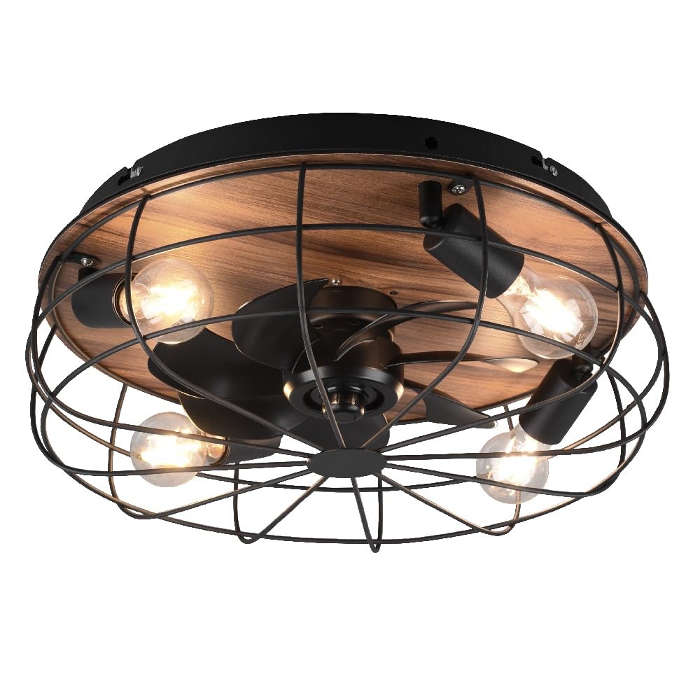 Britalia Matt Black & Wood Effect Vintage Cage 4 Lamp Remote Ceiling Fan Light | 48cm Diameter | 3 Speed Modes | 4 x ES E27 Lamps Required | Separately Switchable Fan & Lighting