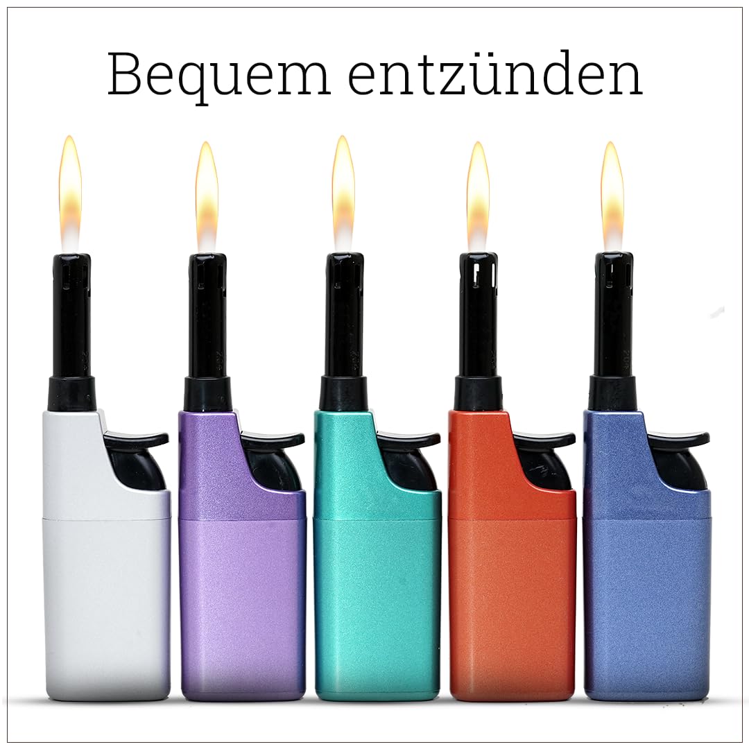 Komfort Feuerzeug 5er Pack – Ergonomisch - Barrierefrei - Seniorengerecht– Nachfüllbare Piezo Gasanzünder mit Leichtbedienung – Metallic & Farbig – Für Kerzen, Grill & Outdoor