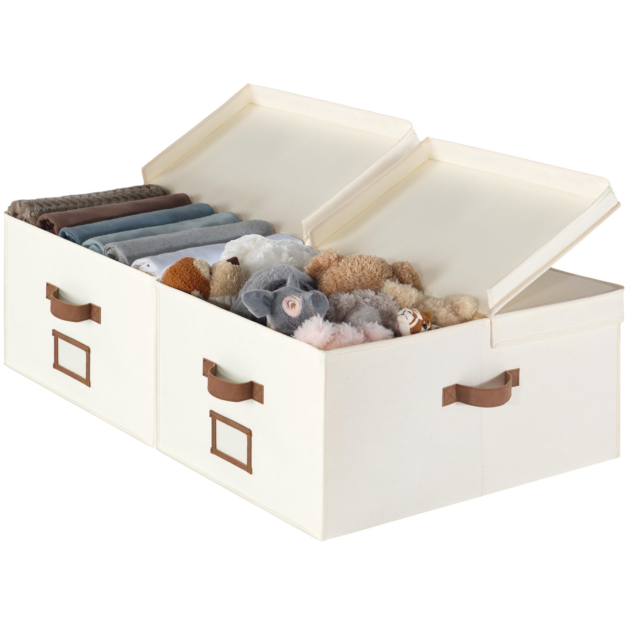 StorageWorks extra großer Aufbewahrungskorb mit Deckel, 55‑Liter-weiße Stoffbox mit Deckel, faltbare Schrank Aufbewahrungsboxen mit doppelt offenem Deckel und Trennbrett, Elfenbeinweiß, 2 Stück