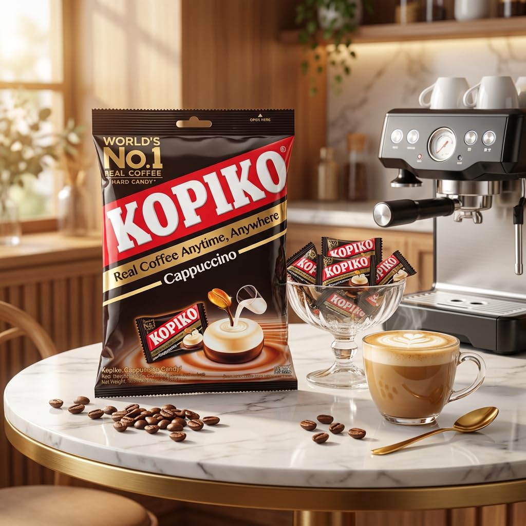 Kopiko Cappuccino Coffee Candy 1050 g (300 cukierków) - Halalowe cukierki kawowe w stylu cappuccino - Duże opakowanie - Kremowy smak kawy - Opakowania indywidualne