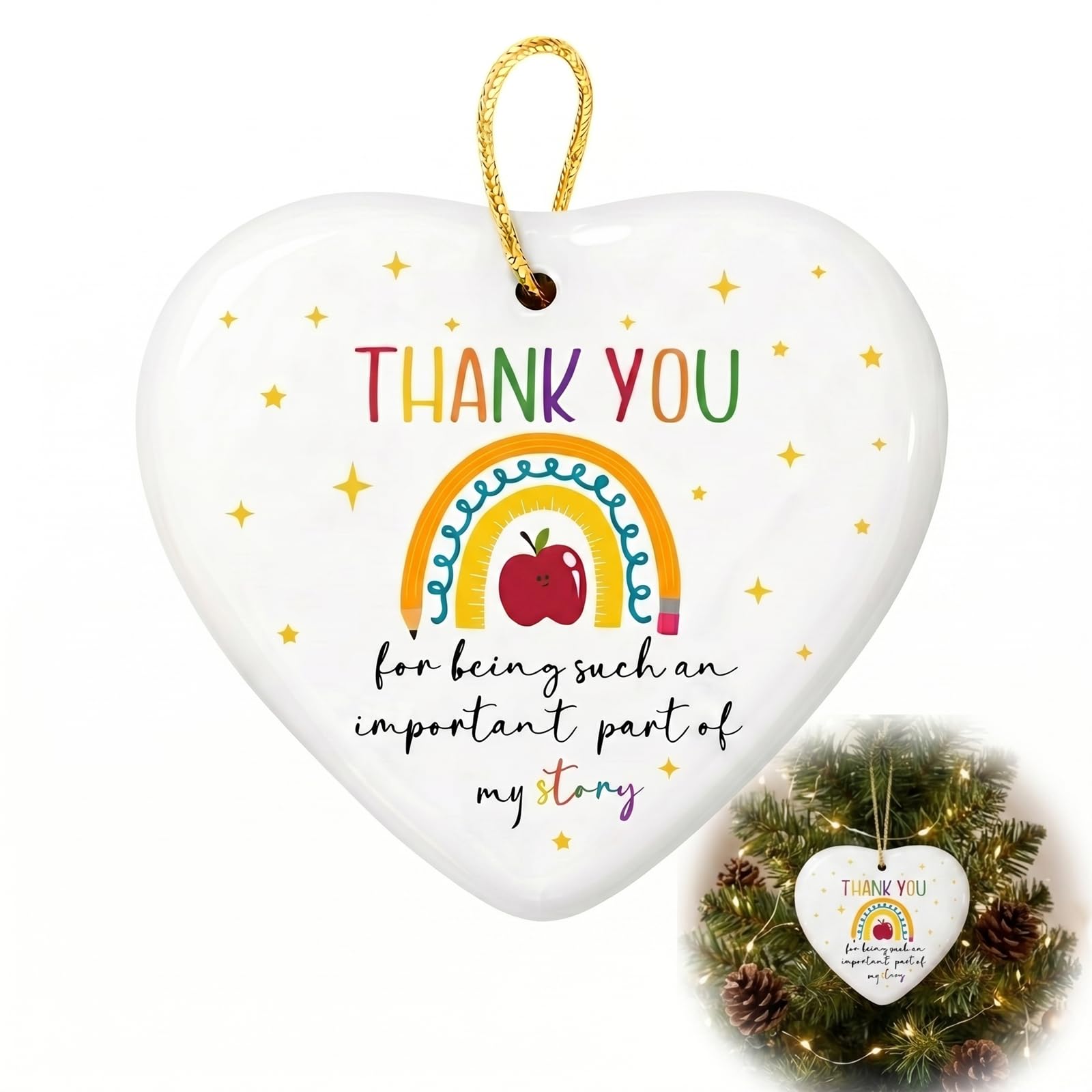 Heart Shaped Ceramic Hanging Ornament with Rainbow Apple Design - Double Sided Decorative Keepsake Featuring Thank You Message, Includes Gold Cord for Display on Shelves or Trees, for Teachers,