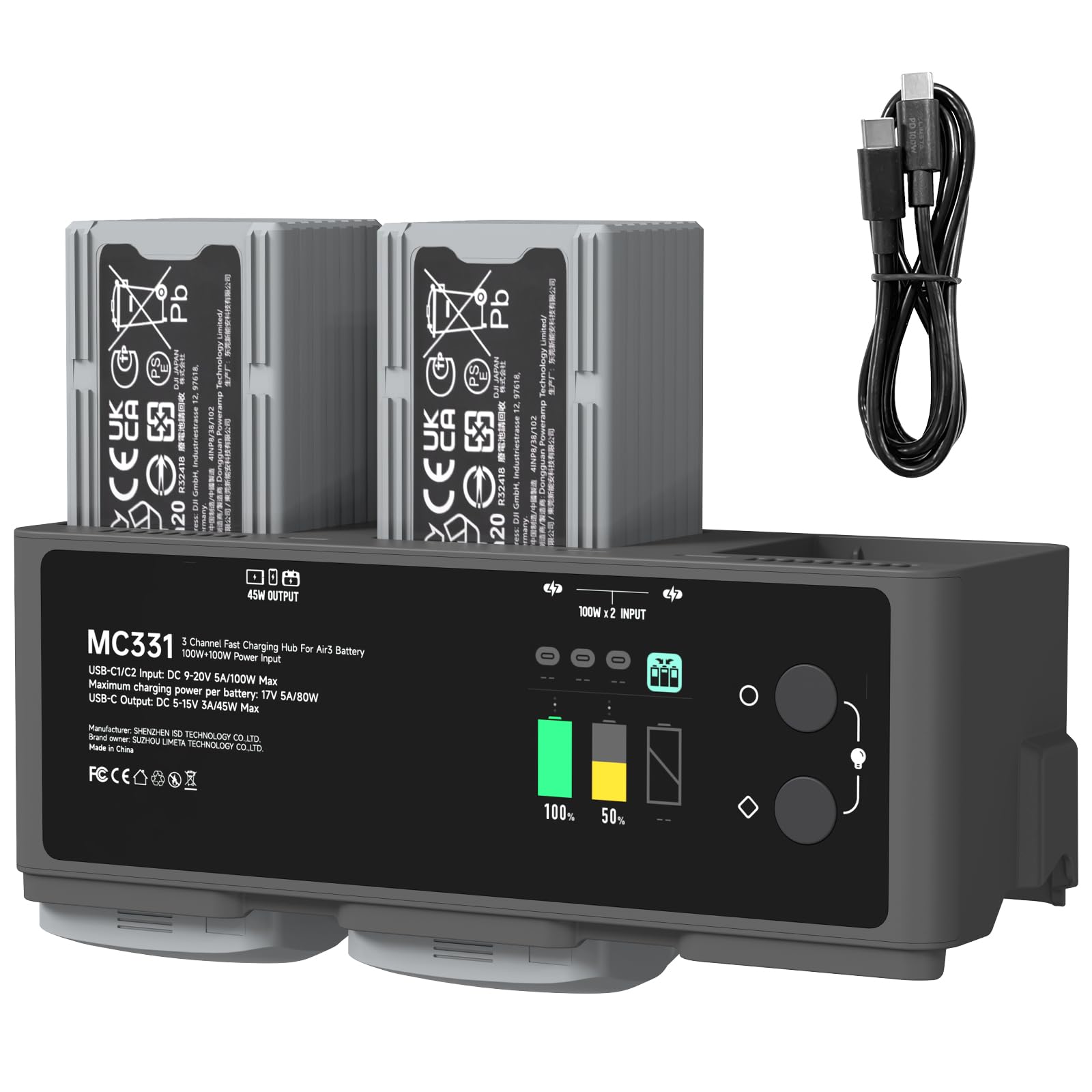 LIMETA MC331 DJI Air 3/3S Series 200W Intelligent Battery Charging Hub, 3-Channel Parallel Fast Charging with Discharge Storage for DJI Air 3/Air 3S Series Batteries (Batteries not included)
