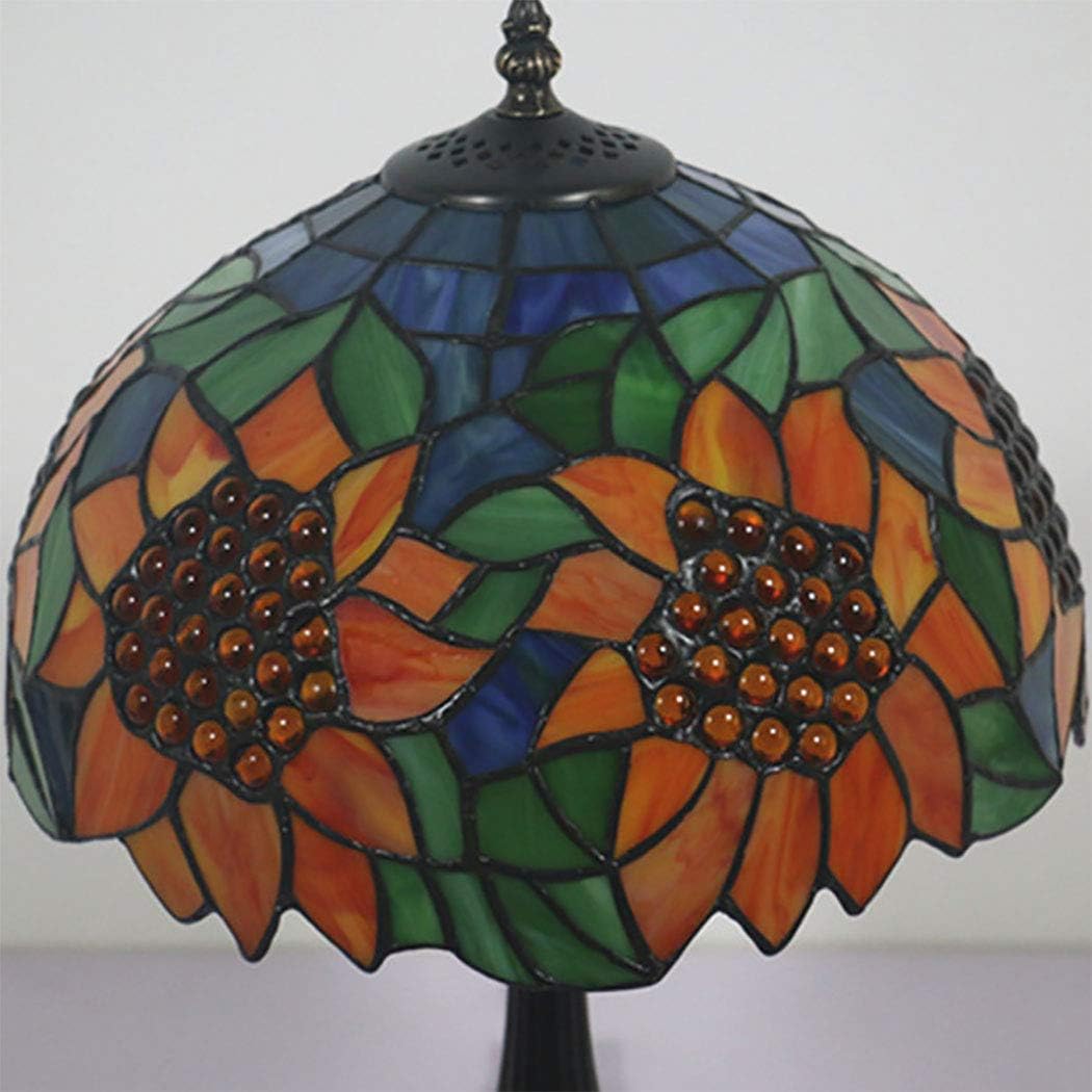 Pastoral Sunflower Green Leaves Shade Table Lamp 12 Inch Tiffany Style Orange Blue Stained Glass Desk Lamp, Living Room Bedroom Bedside Study Room Reading Lamp…