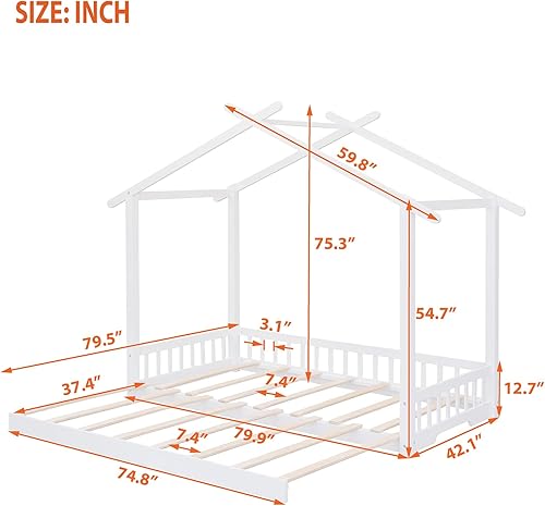 Miniatura 23 de Marco de cama de madera de tamaño individual con cama extragrande extensible, plataforma de suelo con techo y barandilla en forma de valla, no