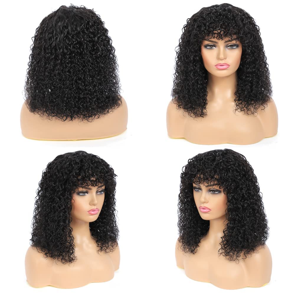 Human Hair Wig With Bangs 14 Inch Short Curly Wigs For Black Women Glueless Brazilian Real Curly Hair Wig Full Machine Made None Lace Front Kinky Curly Bob Wigs Human Hair - Image 2