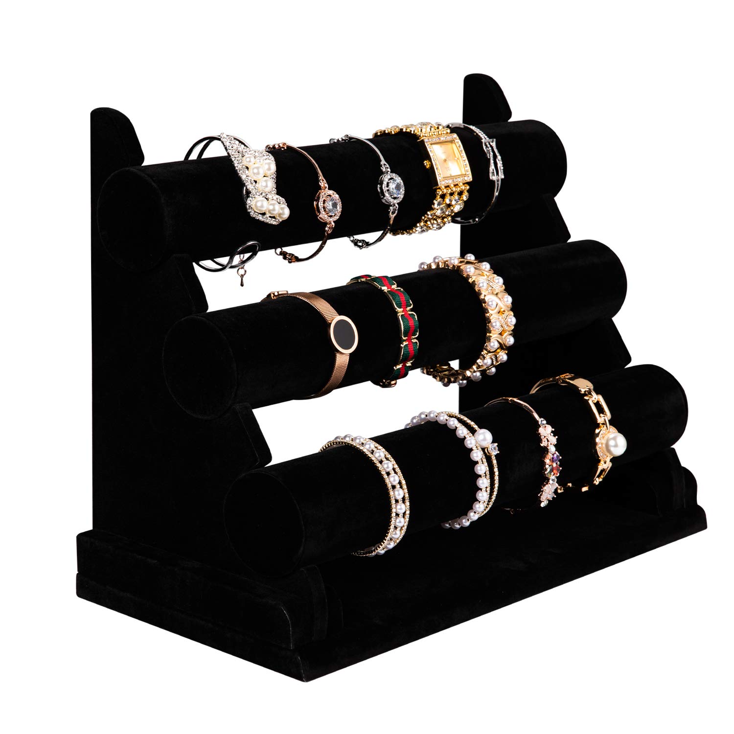 Polmart W3-BL Detachable 3-Tier/Triple Bar Jewelry Display, Black Velvet