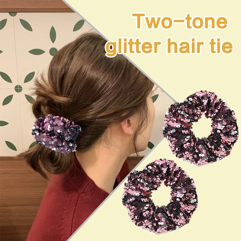 Pink Sequin Hair Band for Women Girls Sequin Scrunchie for Thick Thin Hair Glitter Sparkly Hair Accessories for Short Long Hair Fancy Pink Hair Bobbles for Party Prom Christmas Gifts 2pcs - Image 3