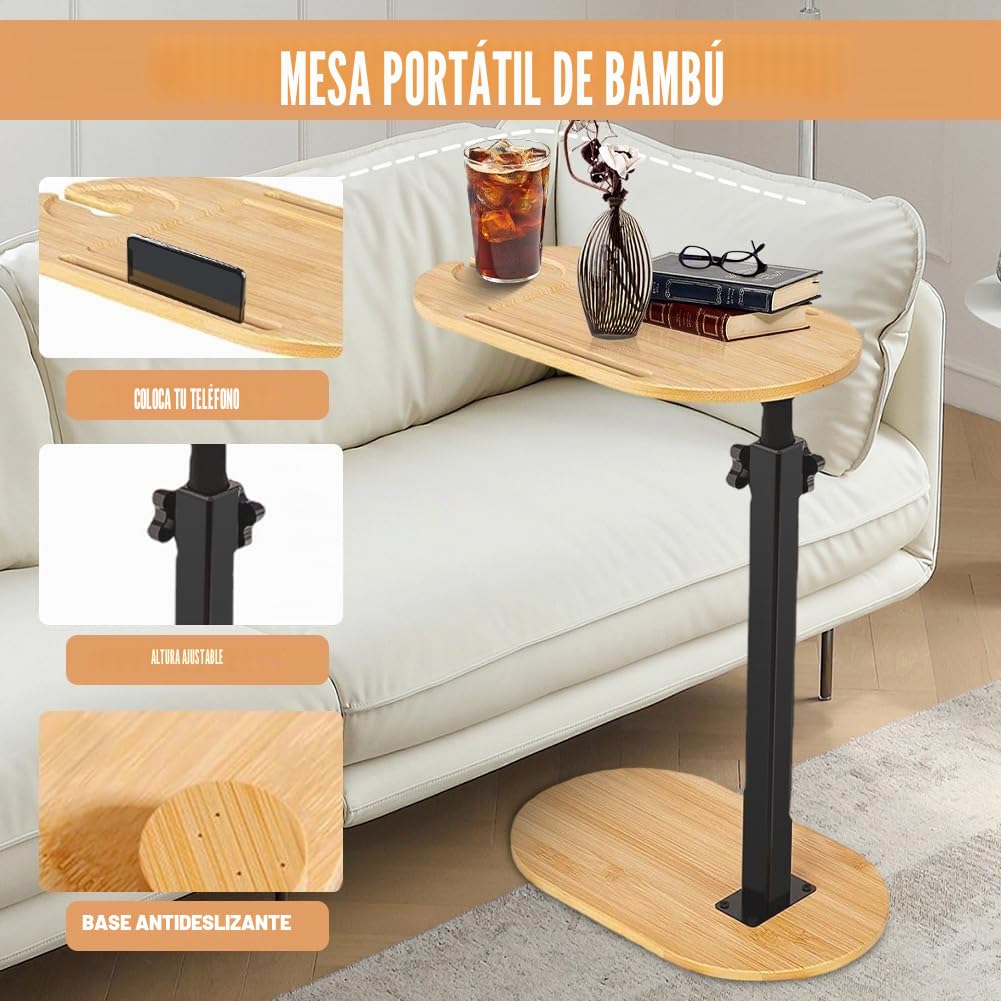 Mesa auxiliar en forma de C, mesa auxiliar de sofá, altura ajustable 360°, mesa auxiliar pequeña de 40 x 22 cm, mesa auxiliar de bambú, mesa de café pequeña con ranura para teléfono móvil