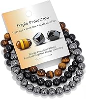 Vinswet Healing Crystal Stretch Bracelet: 8mm Tiger Eye, Hematite, Black Obsidian - Triple Protection Reiki Jewelry for Women Men