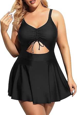 Yonique Women Plus Size One Piece Swimsuits with Skirt V Neck Floral Printed Swimdress Cutout Bathing Suits