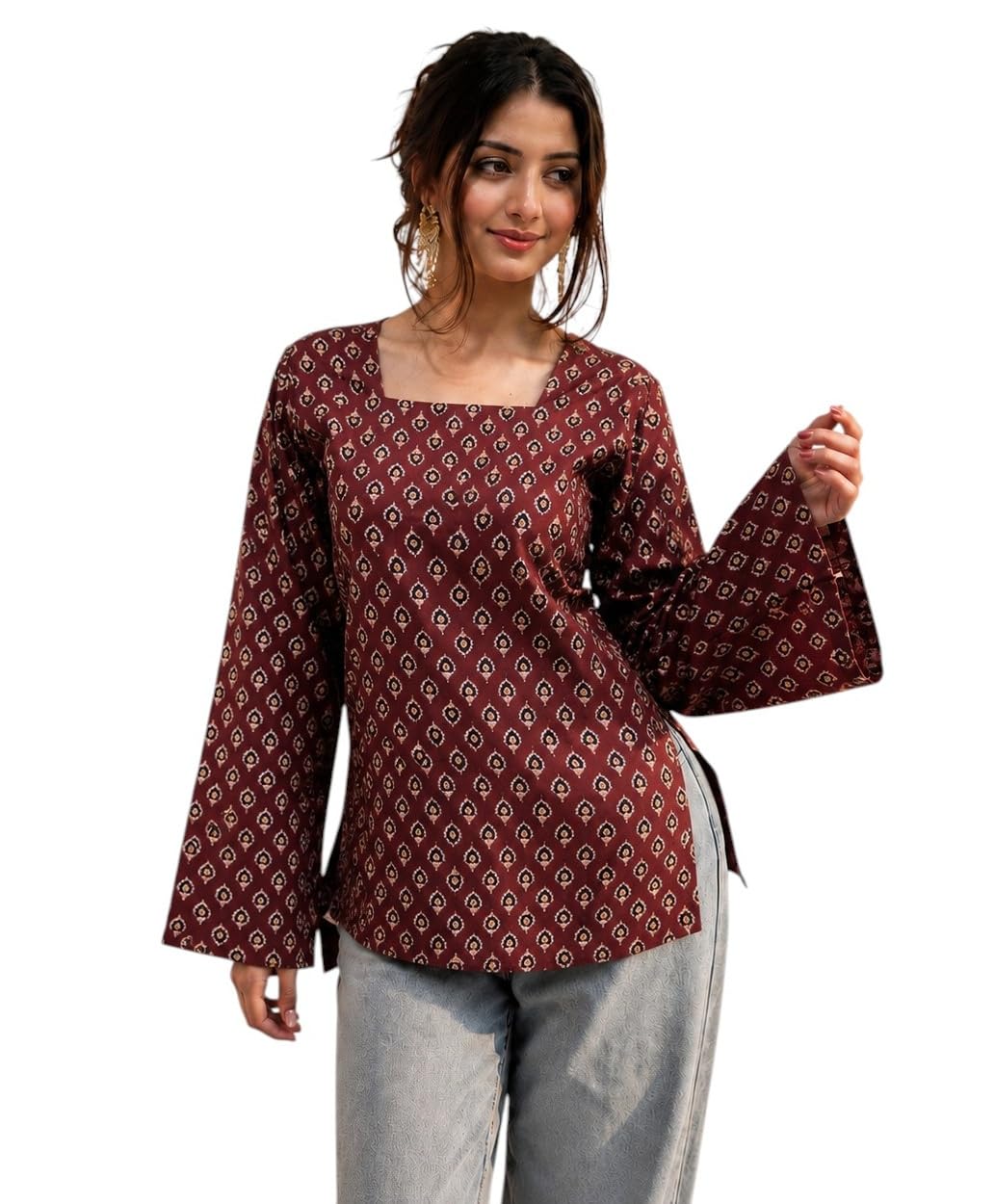 Women's Cotton Short Kurti Booti Printed Square Neck Full Bell Sleeve Casual Stylish Short Kurta for Women for Jeans Daily-image-39