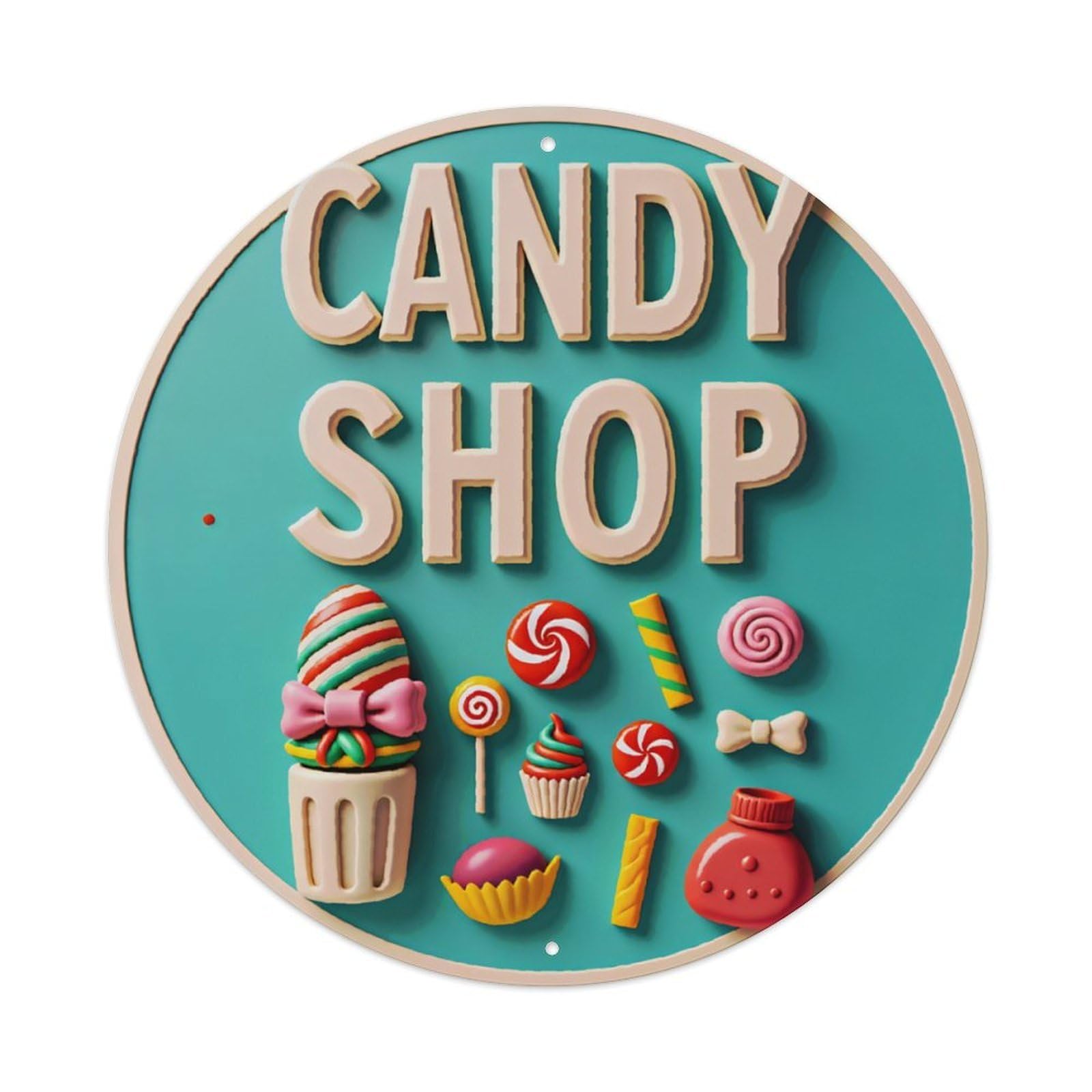 Clay Candy Shop Round Sign Vintage Aluminium Metal Sign, Retro Wall Decor for Home, Bar, Garage & Farmhouse 20x20cm