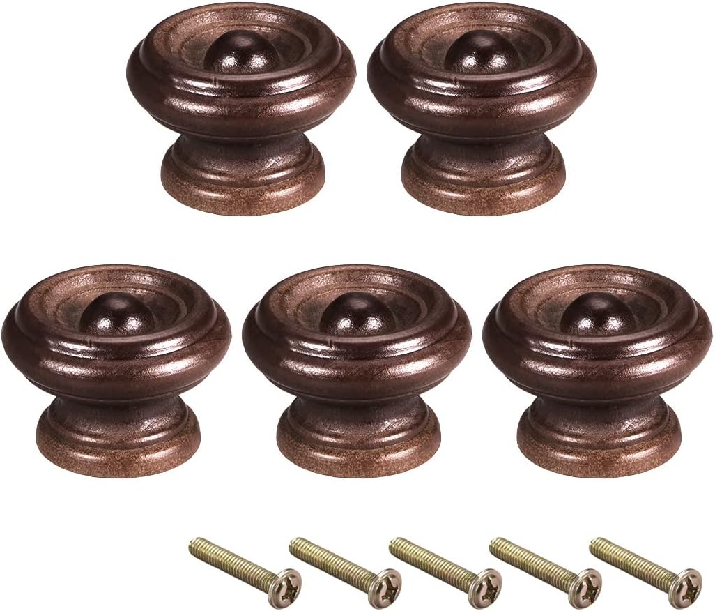 uxcell Round Wood Knobs,5Pcs 37mm Dia Cabinet Furniture Kitchen Pulls Handles for Dresser Drawer Wardrobe, Dark Red