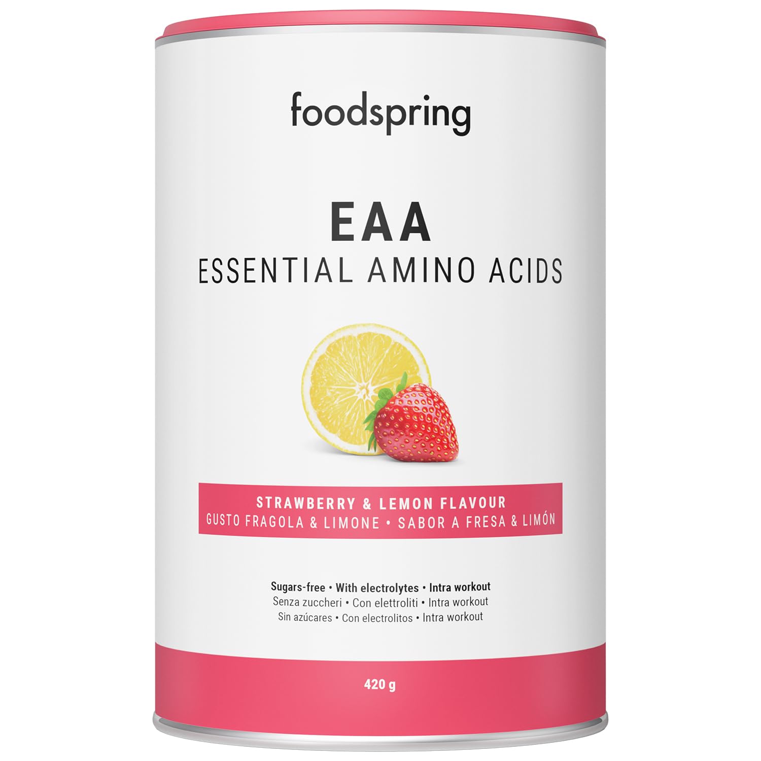 foodspring EAA Powder con elettroliti per crescita & mantenimento muscolare - Polvere EAA con aminoacidi essenziali - Privo di zuccheri (420g | 30 p. | 1 misurino = 14g | Fragola e Limone)