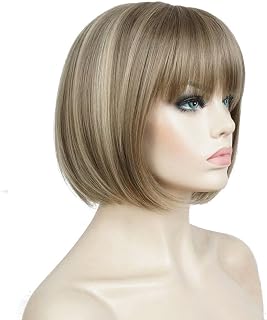Aimole Short Bob Straight Wig with Cute Flat Bangs Synthetic Hair(24M8+613)