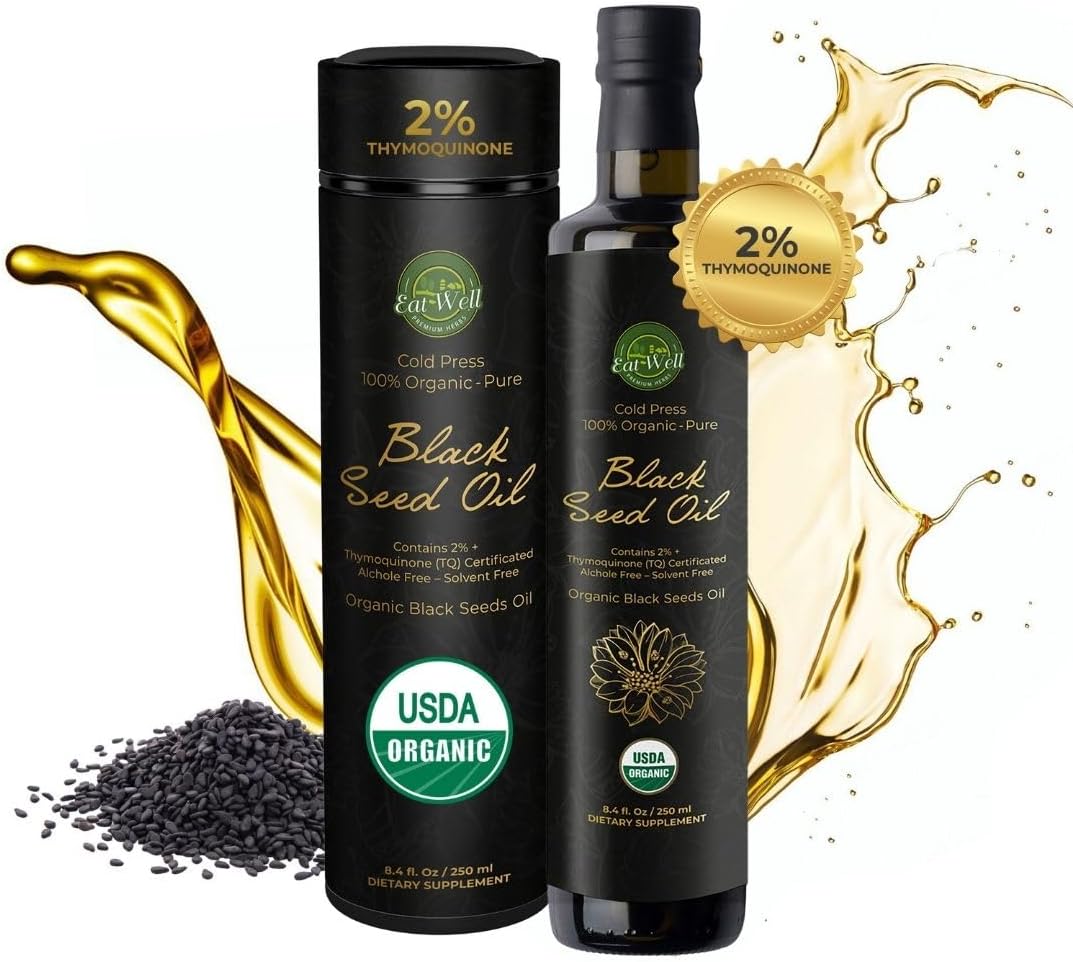 Eat Well Premium Foods USDA Organic Black Seed Oil 8.4 FL oz Bottle, Cold Pressed Black Seed Oil Liquid, 100% Natural Raw Nigella Sativa Black Cumin Oil, 100% Natural Gourmet Food