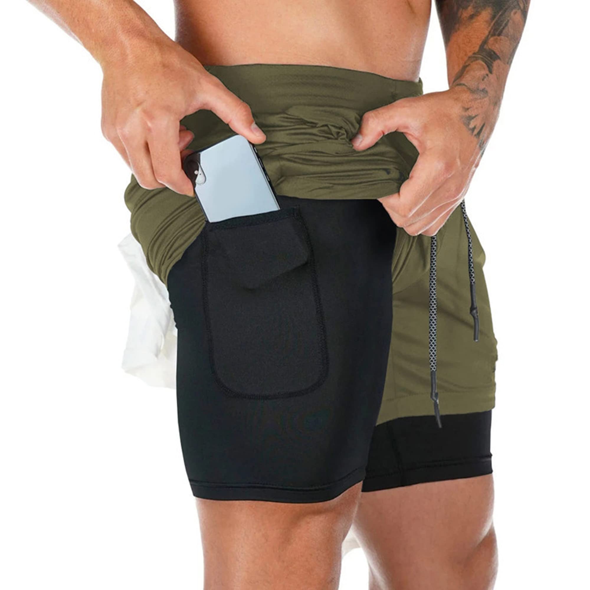 Mens Double-Layer Breathable Jogging Shorts Sports Casual Outdoor Solid Color Fitness Pants