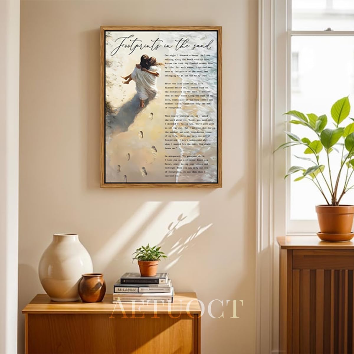 Framed Footprints in the Sand Jesus Canvas Wall Art - Christian Beach Walking Artwork Inspirational Prayer Poem Religious Decor Jesus Hugging Woman Painting for Living Room & Prayer Room 12x16 Inch