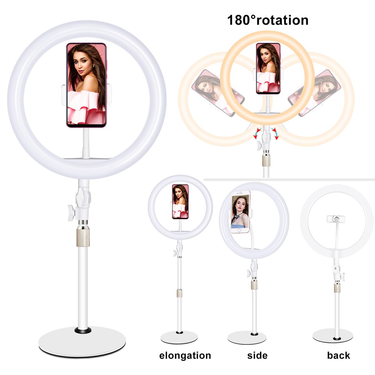 WOONEKY Lampada Selfie LED 10 Pollici Dimmerabile Supporto e Cavo USB per Trucco e Video, Struttura in Ferro e Plastica, Angolo Regolabile per Live Streaming