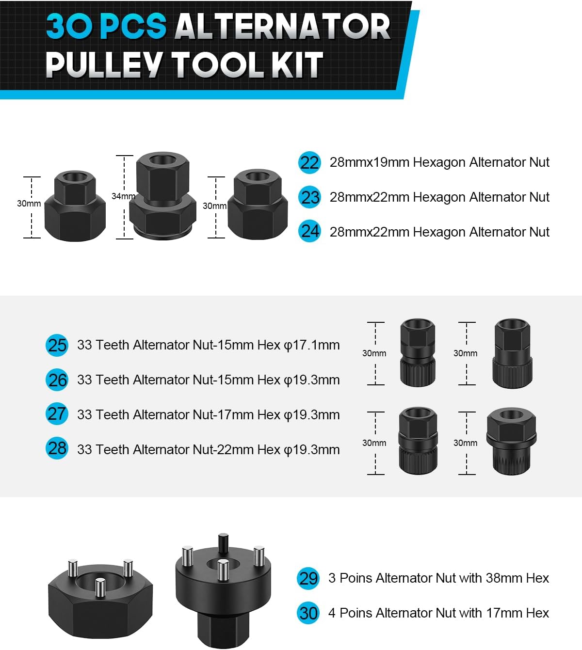 30PCS Alternator Pulley Remove Install Tool Kit, Alternator Decoupler Pulley Tool, Clutch Freewheel Removal Socket Bit Set, Compatible with VW Ford Audi BMW Benz Volvo Toyota and More Vehicle
