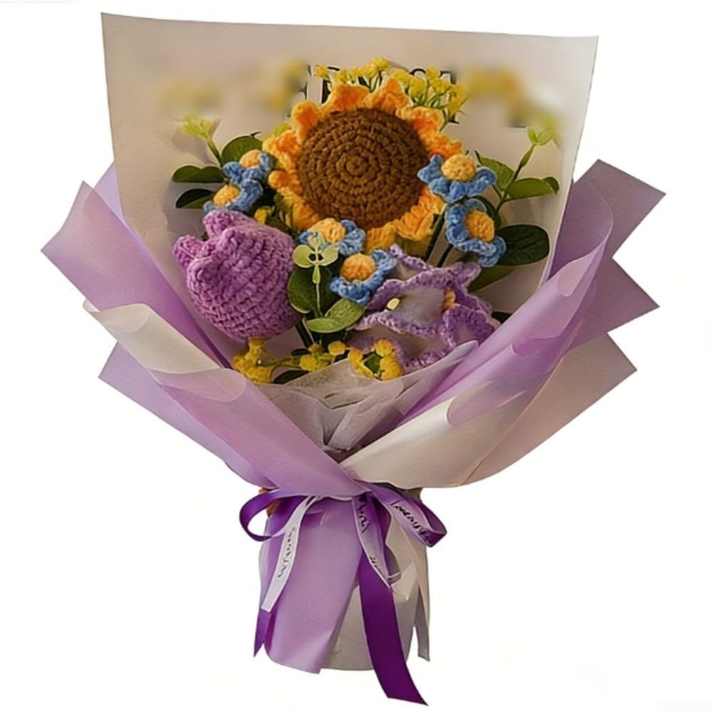 TVANTRUXIS Hand Woven Artificial Flowers, Handmade Crochet Flower Bouquet Multicolor 27x35cm(Purple)