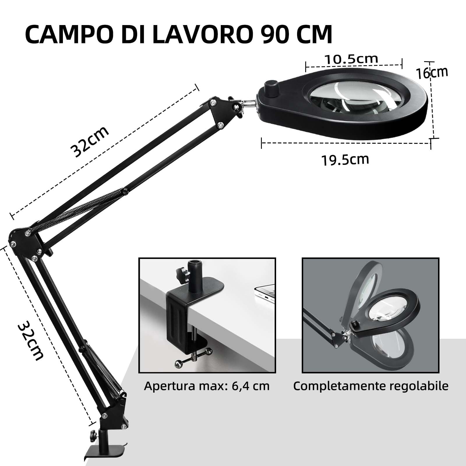 Lampada d'ingrandimento con lente da 5 diottrie, morsetto in acciaio da 6,4 cm, LED dimmerabili, braccio girevole da 90 cm, design comfort ottimale per estetisti, hobbisti e artigiani