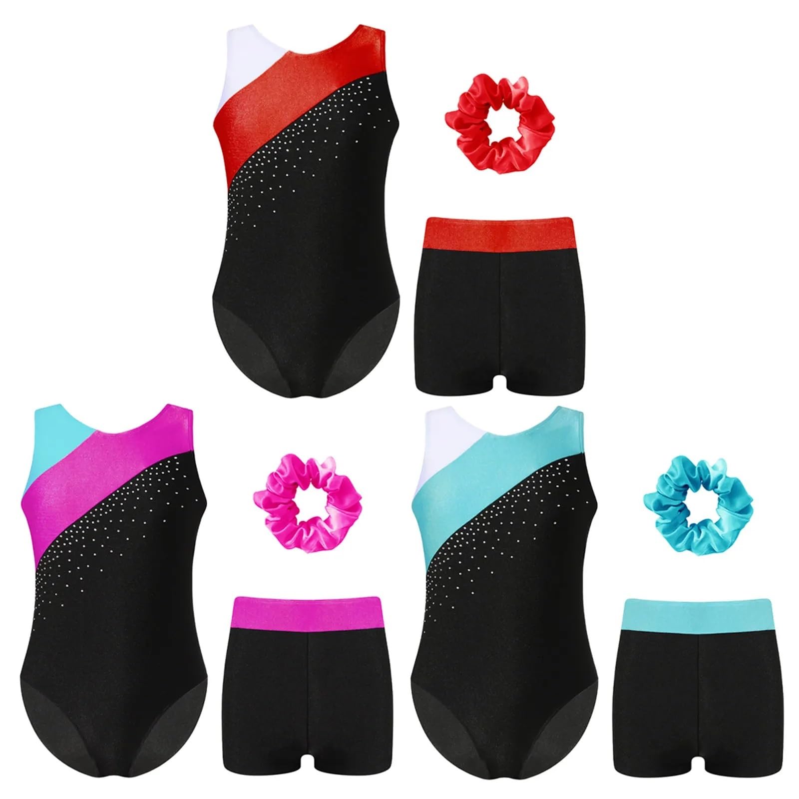 Gymnastikanzug Mädchen Ärmelloses Glitzer-Gymnastik-Trikot for Mädchen, Ballett-Tanz-Ganzanzug, Strass-Biketard, passende Shorts, Haargummis-Sets(Pink A,12)