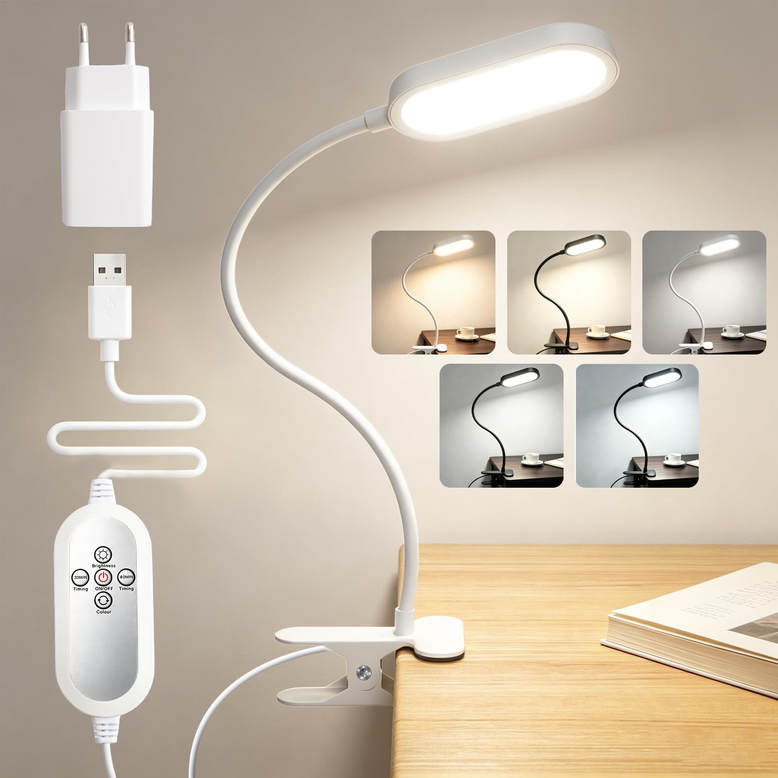 Lampada da Lettura 48 LED Lampada con Pinza 5 Temperature Colore & 10 Luminosità Dimmerabile Lampada da Scrivania 360° Flessibile con Timer, Funzione Memoria e Adattatore per Libro Letto Tavolo 40cm