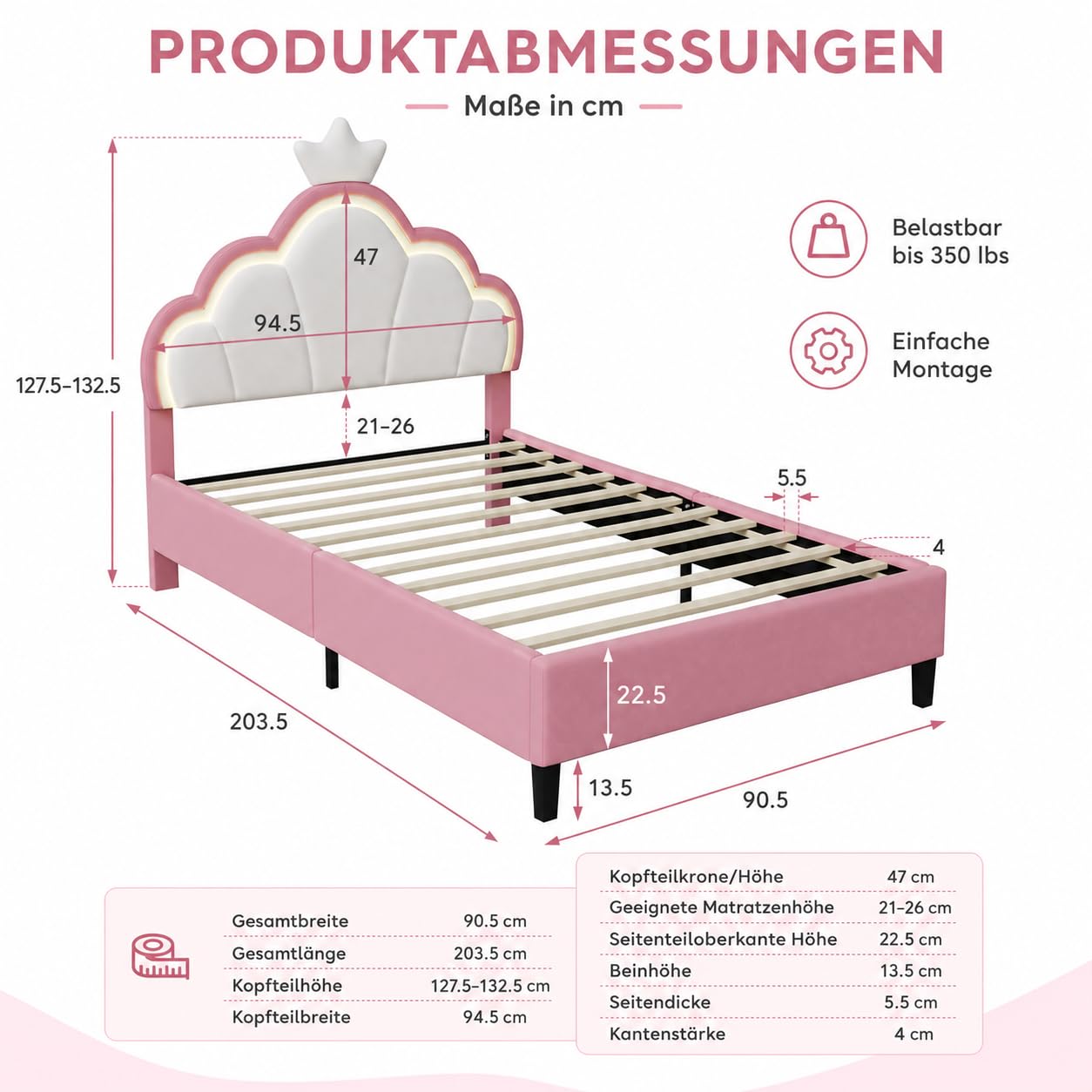 DULRLLY Letto bambini imbottito 90x200 cm, letto singolo con strisce LED regolabili e Testiera a forma di corona, letto Principessa con rete a doghe per bambini ragazze e adolescenti