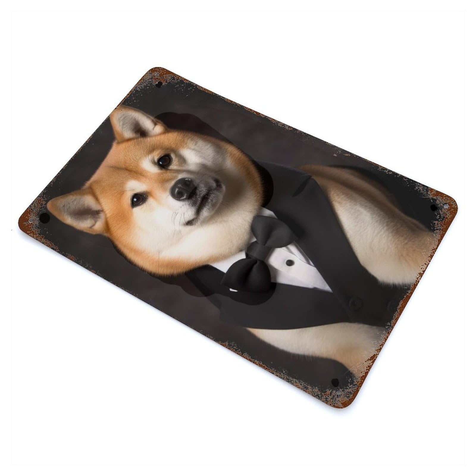 Rust Effect Well Dressed Shiba Inu Dog Aged Metal Wall Plaque 11.8"x7.9", Shabby Chic Decor for Basement, Hobby Room And Garage Decor