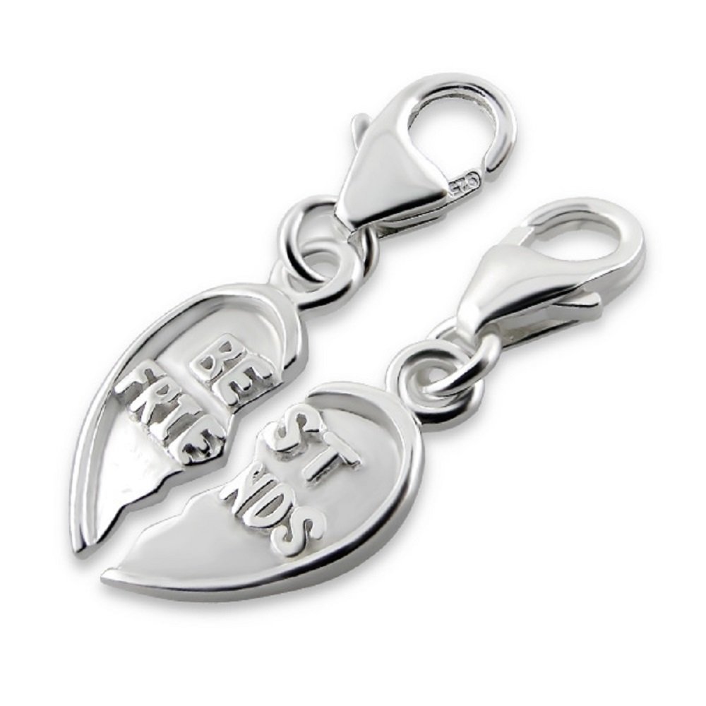 Women 925 Sterling Silver Two Best Friends Heart Shaped Charms with Clip On Clasp