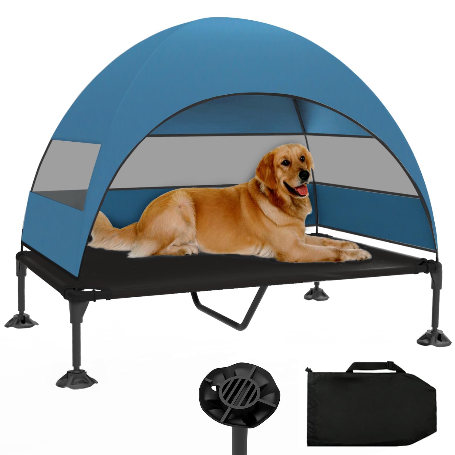 Elevated Dog Bed with Canopy, Raised Outdoor Dog Cot with Stable Anti-Slip Feet, Pet Bed with Removable Canopy Shade Tent, Dog Bed for Indoor Outdoor (Blue, 50.0