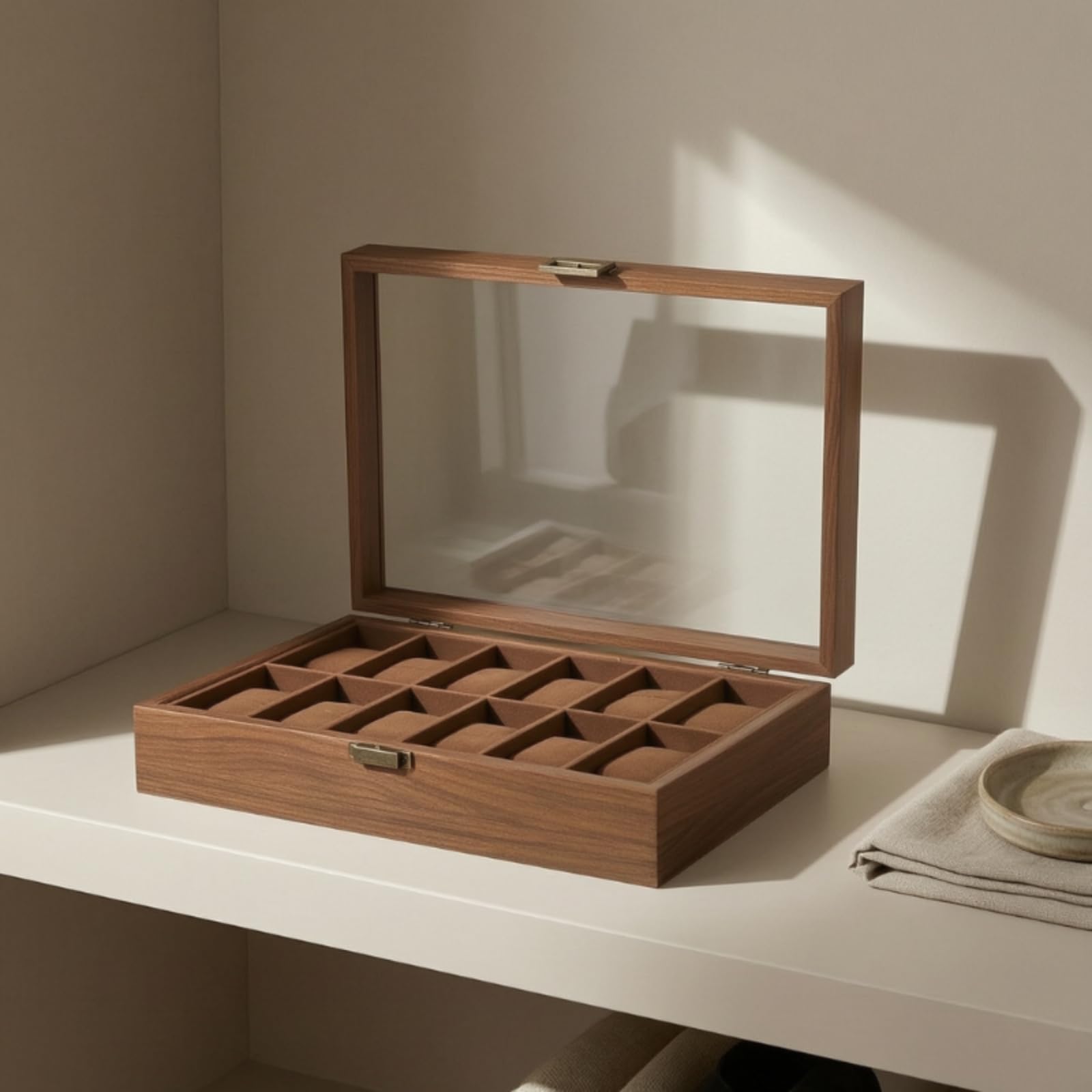 Scatola Porta Orologi con Coperchio in Vetro Trasparente Scatola Portaorologi con Chiusura Imbottito Organizzatore per Amanti Dei Gioielli, Negozi, 12 Posti, Versione Standard