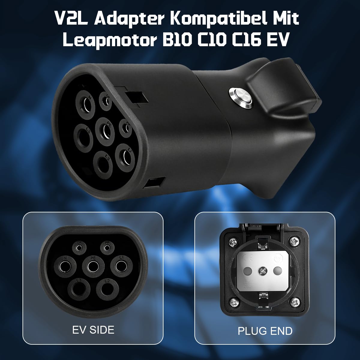 V2L Adapter Kompitable Mit Leapmotor B10 C10 C16 EV, Typ 2 auf Schuko | 3,5KW 16A 250V Fahrzeug-zu-Ladung-Adapter Vehicle to Load, für Elektrofahrzeuge die V2L-Funktionen unterstützen