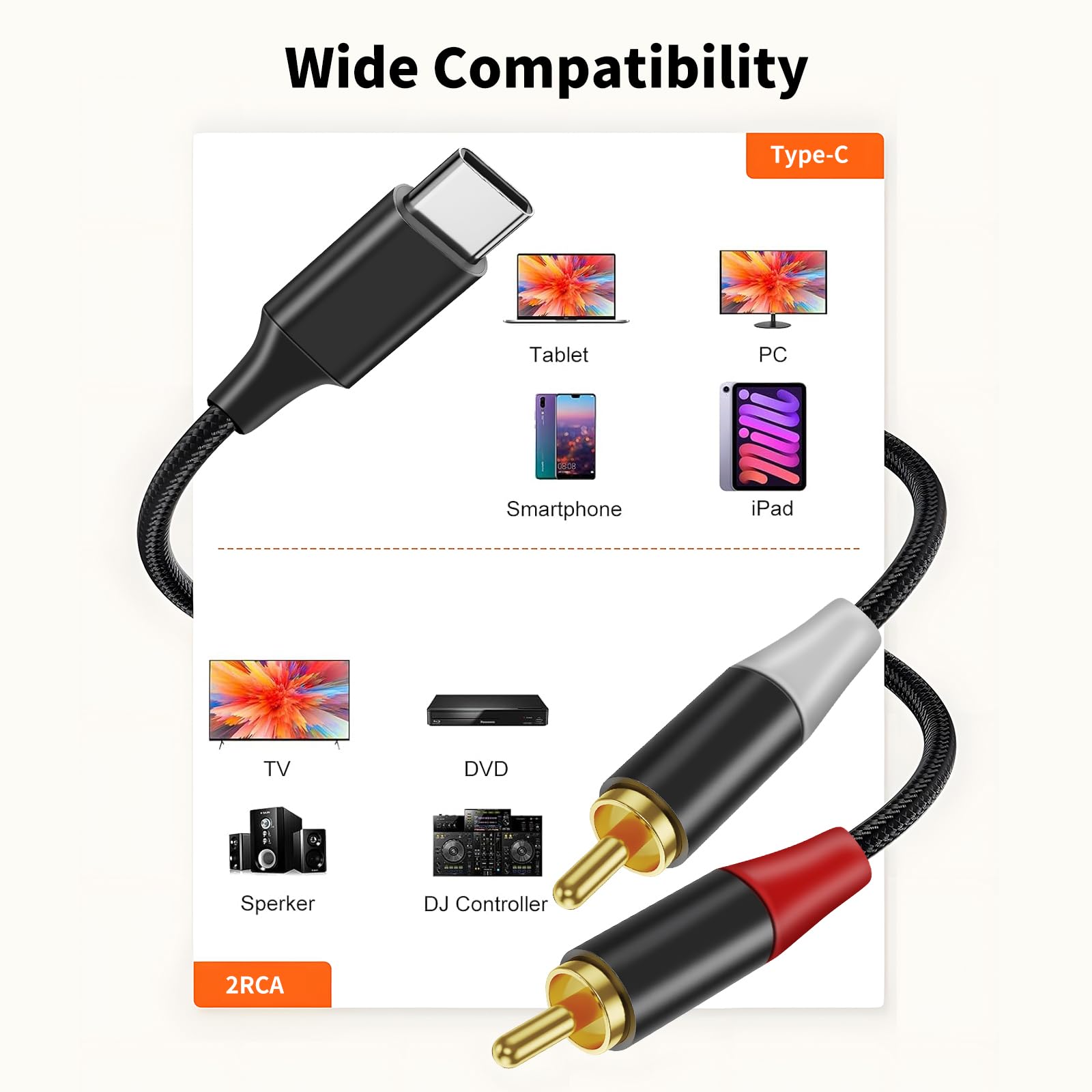 Câble 2 RCA USB C Audio Stéréo Adaptateur Type C Mâle vers 2RCA Mâle Y Auxiliaire Audio Câble Numérique Compatible avec Phone 15/Pad/Amplificateur/Home Cinéma/Enceinte/HDTV etc.