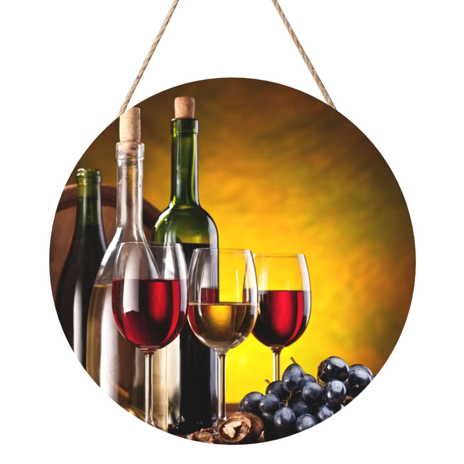 InOmak Grapes Wine Bottles And Drink, Round Wood Panel Painting 12 in, Wall Hanging Painting For Home