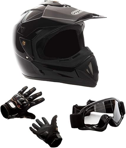 MMG 30 Combo Casco de motocicleta todoterreno para adultos DOT, MX ATV Dirt Bike Motocross UTV, tamaño grande, negro brillante con guantes y gafas
